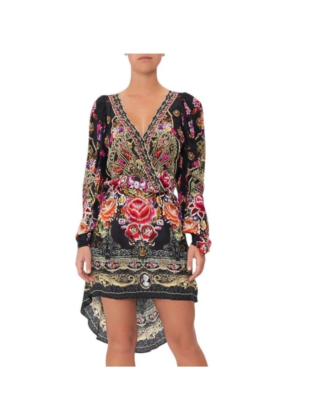 CAMILLA Dance With Duende Silk Crystal Cross Front Hi Low Mini Dress Sz S